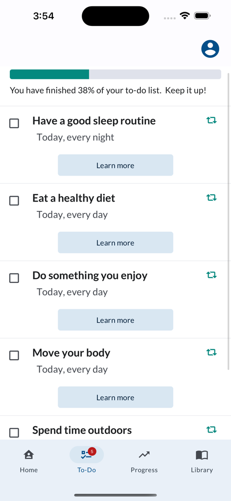 A mobile app screen showing a patient recovery checklist with a progress bar and daily health tasks like diet and sleep routines.