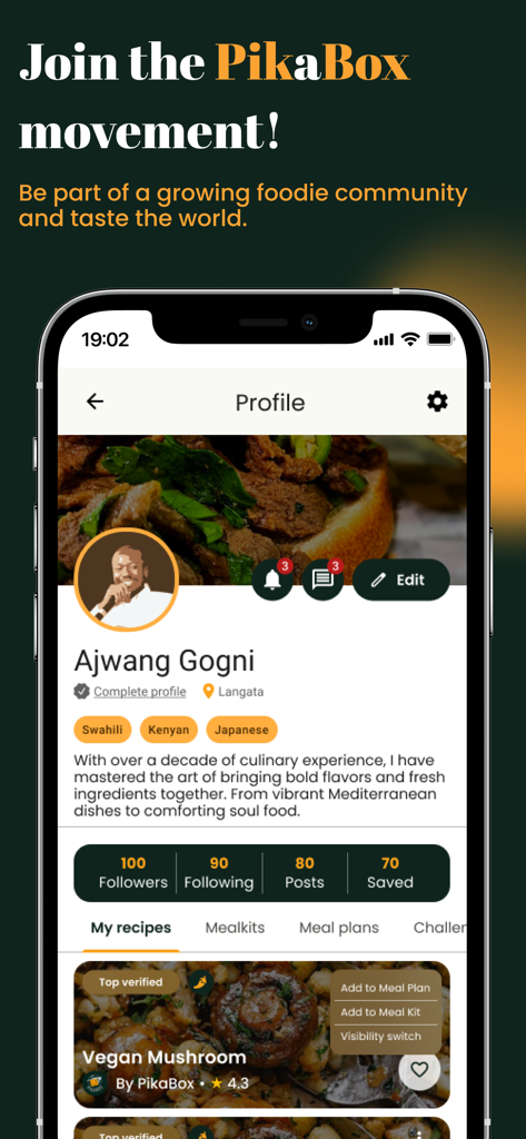 PikaBox - User profile screen on the PikaBox app showing social stats and culinary recipes