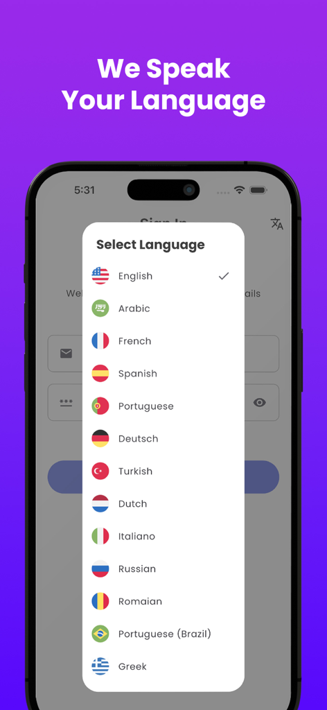 Sngine Messaging - Sngine Messaging app screen showing the language selection menu with multiple international options and flags