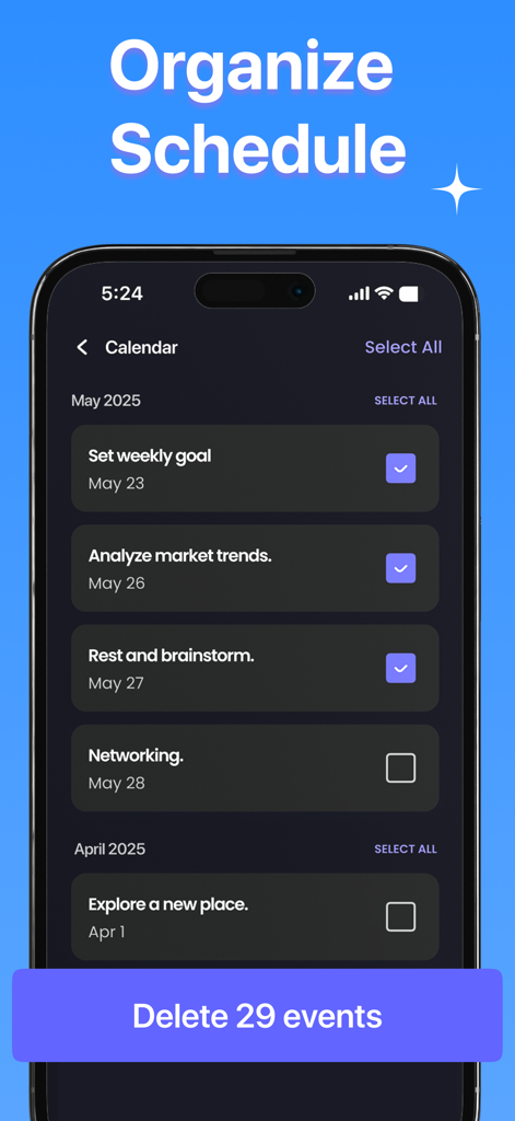 Interfaz de la aplicación One Cleaner mostrando una lista de eventos de calendario antiguos con un botón para eliminarlos para la gestión del almacenamiento.