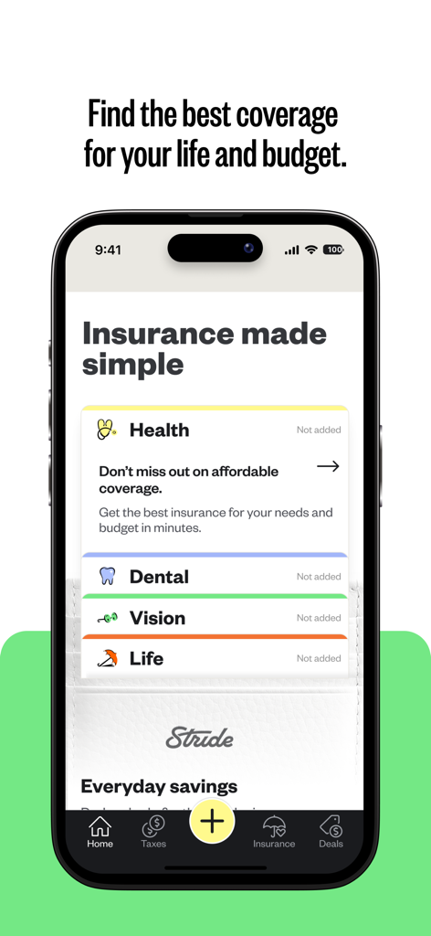 Stride: Mileage & Tax Tracker - Stride mobile app screen showing insurance options for health dental vision and life coverage