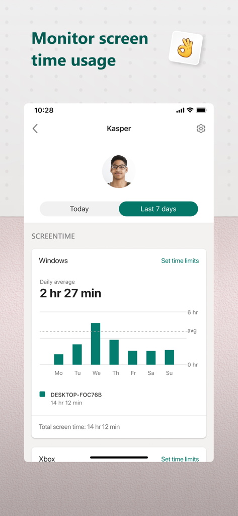 Microsoft Family Safety - Microsoft Family Safetyアプリで、子供の週ごとのスクリーンタイム使用状況レポート。