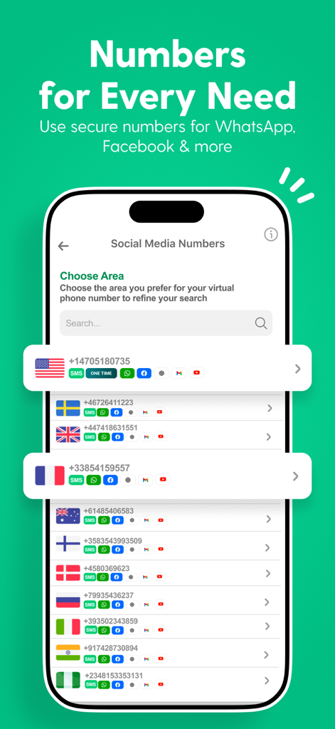 Temp Number - 2nd Phone Number - A list of virtual phone numbers from different countries for social media verification in the Temp Number app.