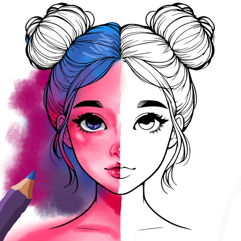 realistic girl with two buns on top of her head