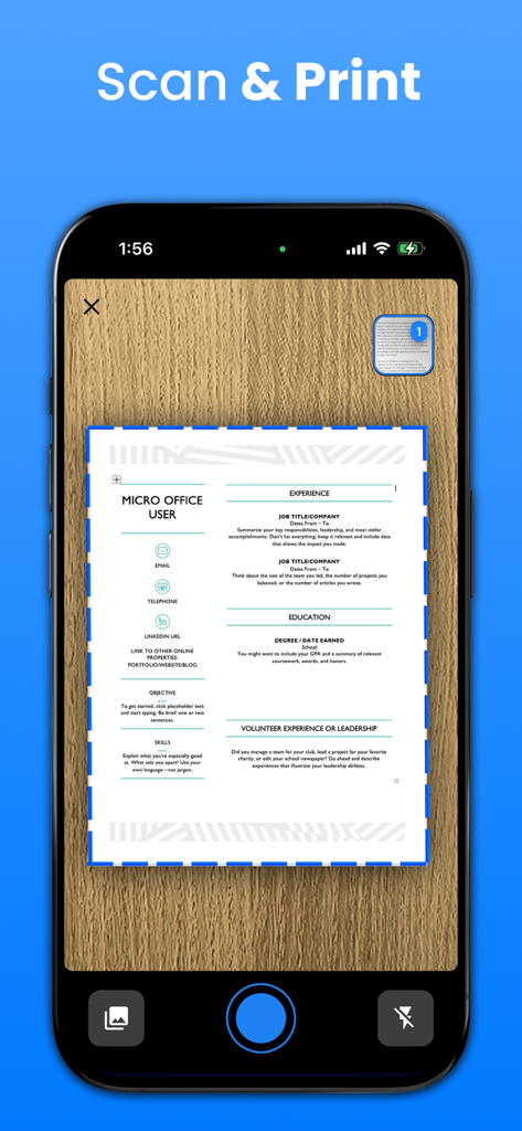 Printer App: Photo & Scan Pdf - Smartphone escaneando un documento con líneas de detección de bordes azules