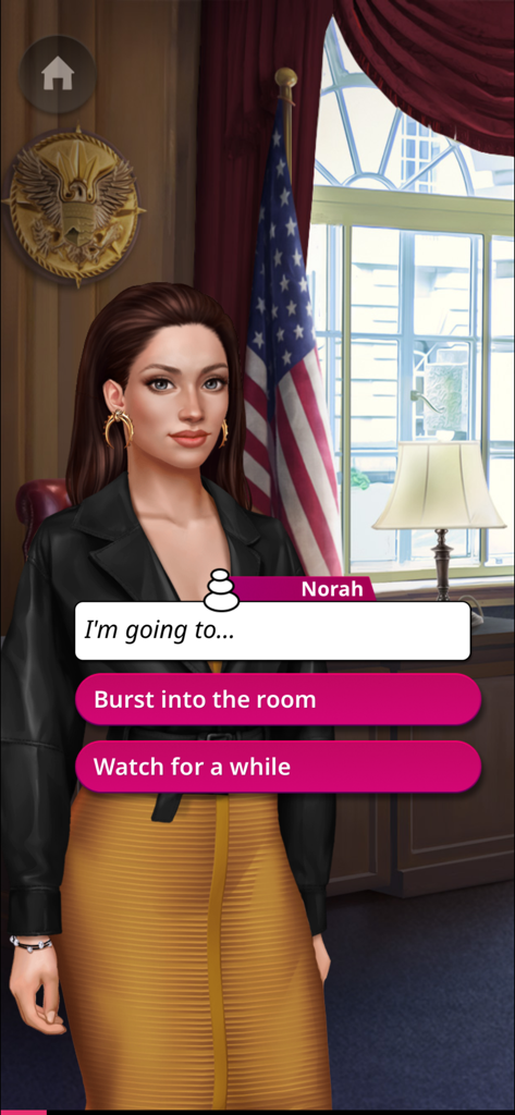 Interactive story gameplay in Tabou Stories showing a character named Norah making a decision in an office