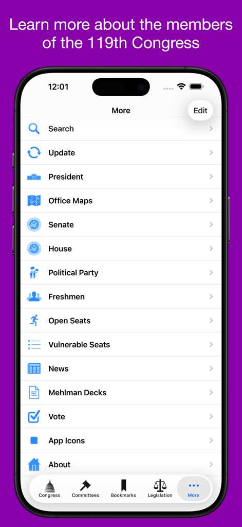 Congress Pro - The More menu of the Congress Pro app showing navigation options like Office Maps Senate House and Vulnerable Seats