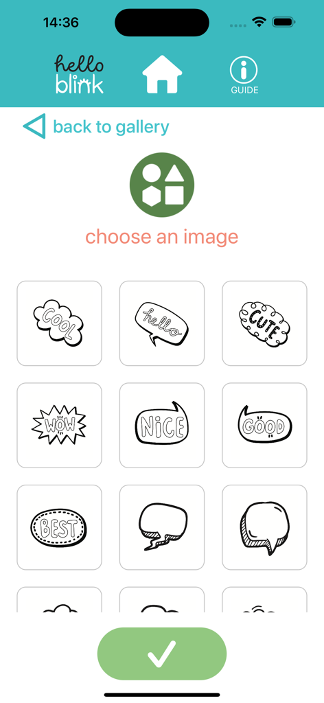 A selection of cute speech bubble stickers in the HelloBlink app interface for DIY crafting and printing.
