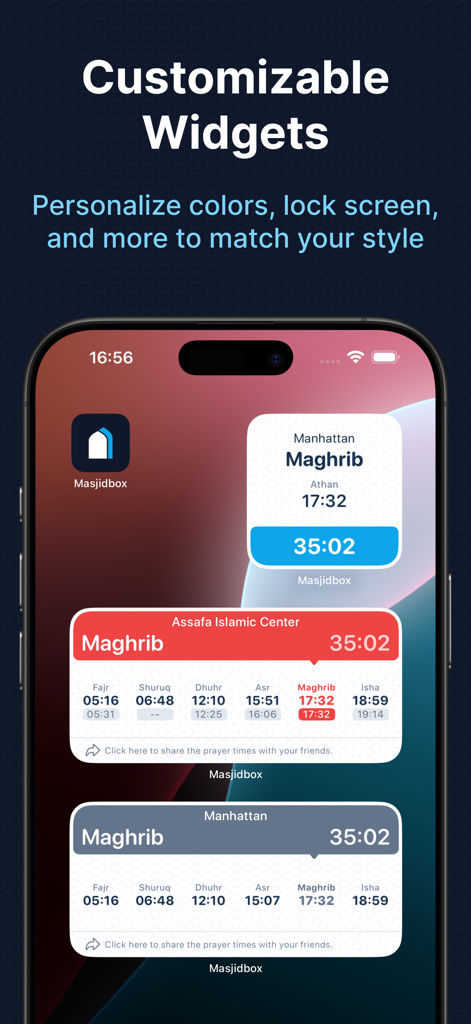 Masjidbox One - iPhone home screen displaying customizable prayer time widgets from the Masjidbox One app