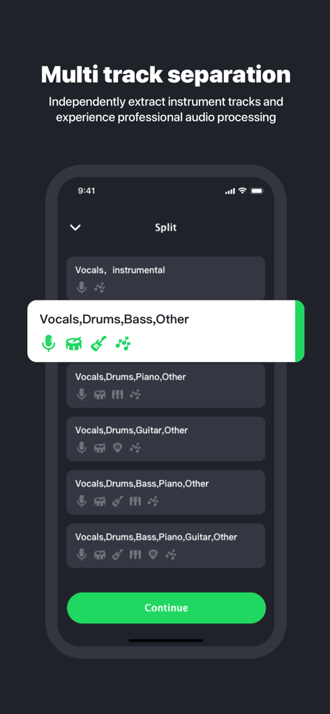 Uma interface de aplicativo móvel para Splitter AI mostrando opções de separação de múltiplas trilhas, incluindo vocais, bateria e baixo
