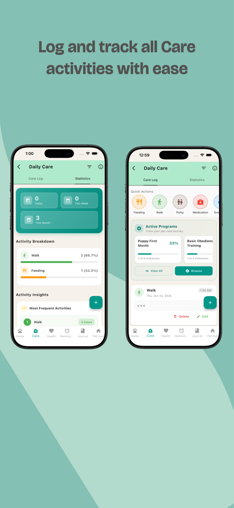 PetBuddy: Pet Care Companion - Dos pantallas de iPhone que muestran registros de cuidado diario de la aplicación PetBuddy y estadísticas de actividad de la mascota