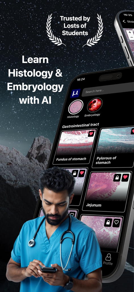 Medical student using the Microlab Histology and AI app on a smartphone to view virtual tissue slides