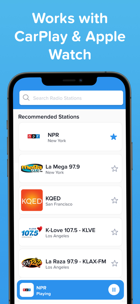 Simple Radio app interface on an iPhone displaying recommended stations and CarPlay and Apple Watch compatibility
