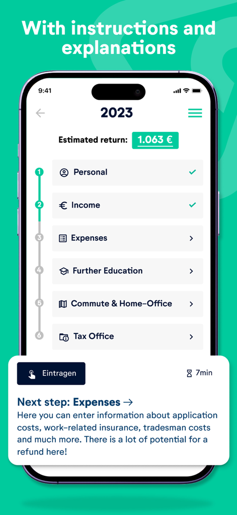 Screenshot of the wundertax app showing a step-by-step guide for filing a German tax return in English.