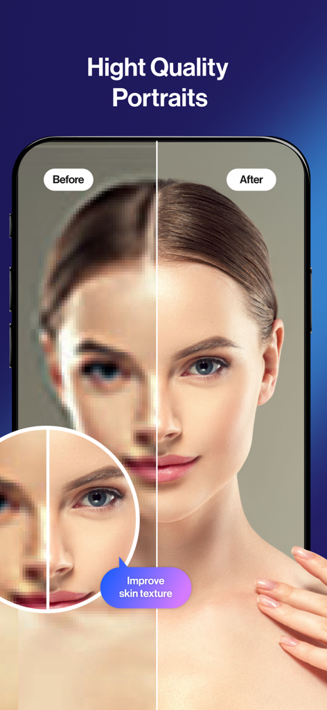 Photo Enhancer - AIPhotor - Before and after comparison of a blurry portrait transformed into a high quality HD photo with improved skin texture using AI
