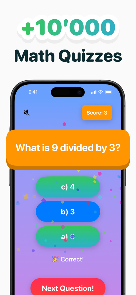 Interactive division quiz question in the 3rd Grade Math Games app with correct answer feedback