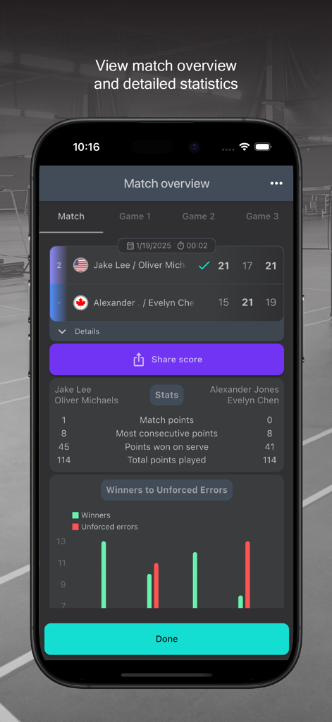 Badminton Scorer Pro - Badminton Scorer Pro app screen displaying match overview and performance analytics