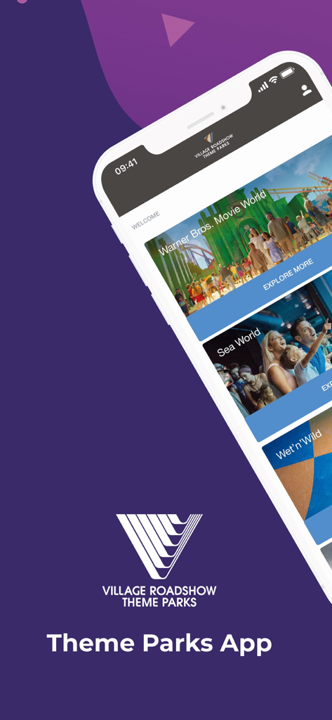 Home screen of the Village Roadshow Theme Parks app displaying various park destinations