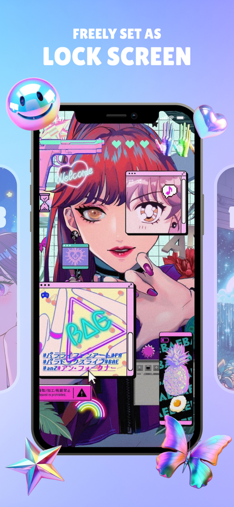 DIY Wallpaper & Widget - Pantalla de bloqueo de iPhone personalizada con personaje de anime y pegatinas estéticas que muestran las funciones de la aplicación DIY Wallpaper and Widget.