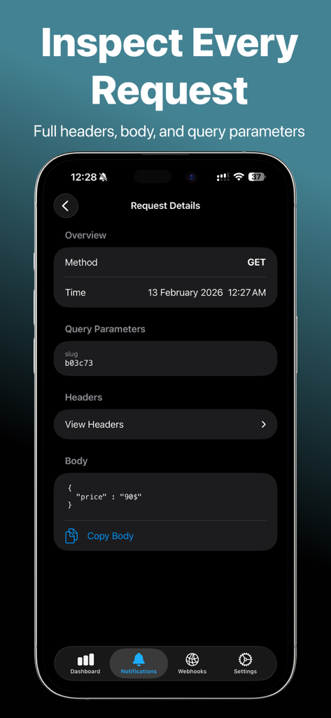 PushHook - Webhook Alerts App - PushHook mobile app screen displaying detailed webhook request information including headers and body payload