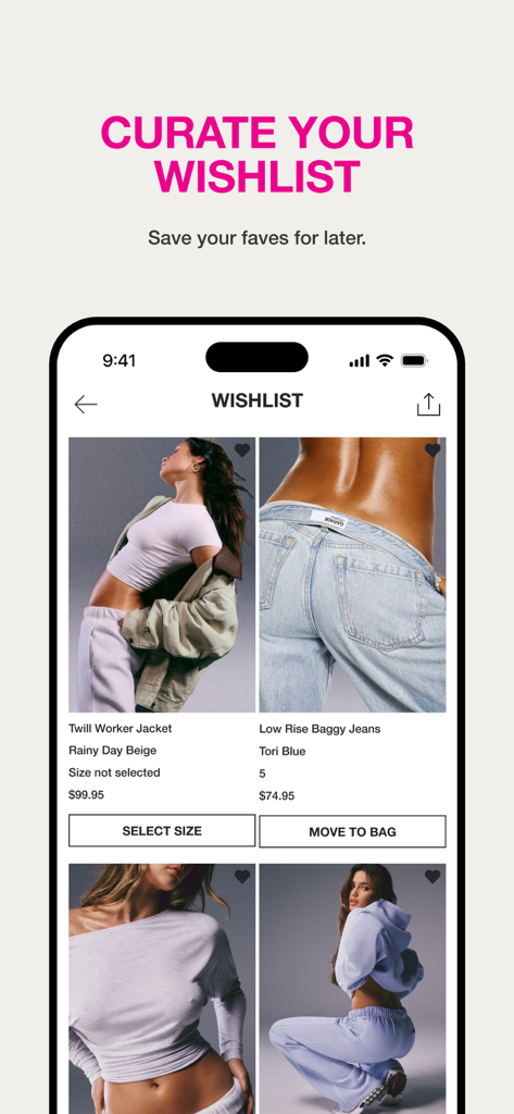 Garage: Online Fashion - A mobile interface of the Garage fashion app showing the wishlist feature with curated trendy outfits for young women.
