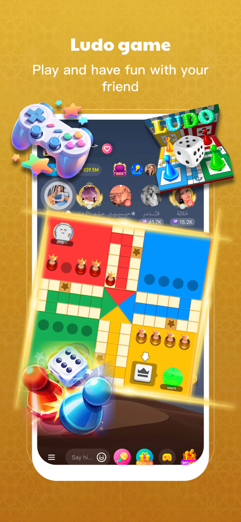 Mashi - Group Voice Live Chat - Mashi app screen showing an interactive Ludo board game for group play and social interaction.