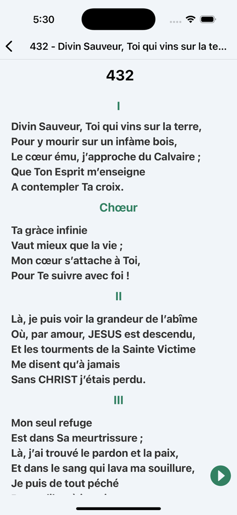 Joy of MissionアプリでDivin Sauveurのフランス語の賛美歌の歌詞