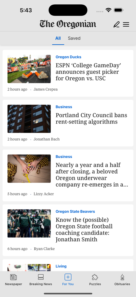 The Oregonian News - The Oregonian News app interface showing a feed of local sports and business headlines for Oregon residents