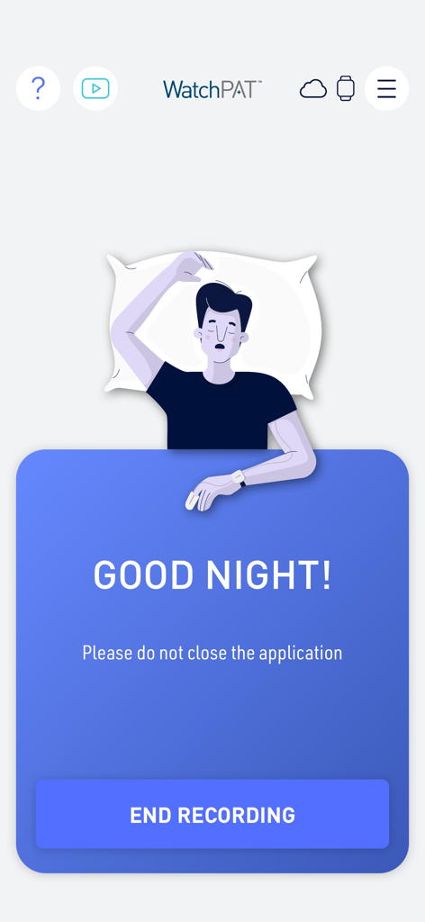 Interface of the WatchPAT app showing a sleep recording session in progress with an illustration of a man sleeping while wearing the medical device.