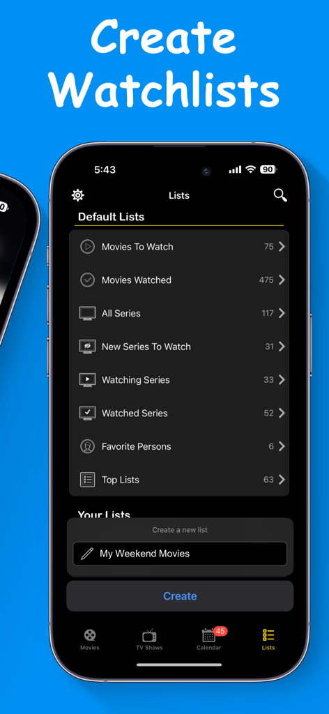 Movies Box & TV Show - Screenshot of the Movies Box and TV Show app's list management screen featuring movie and TV show watchlists on an iPhone