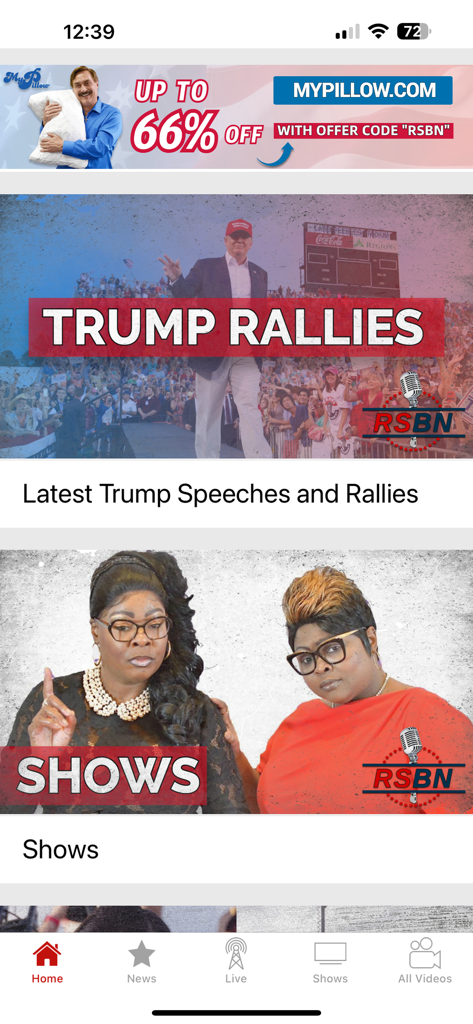 RSBN - RSBN mobile app home screen featuring sections for Trump rallies and political shows