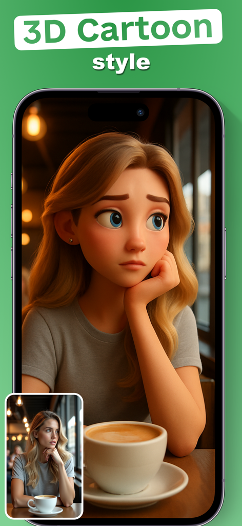 AI generated 3D cartoon portrait from a photo of a woman