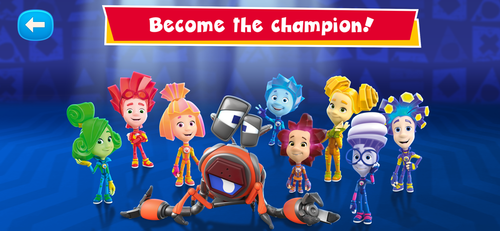 Fixies characters and a Crabot robot with a Become the champion banner