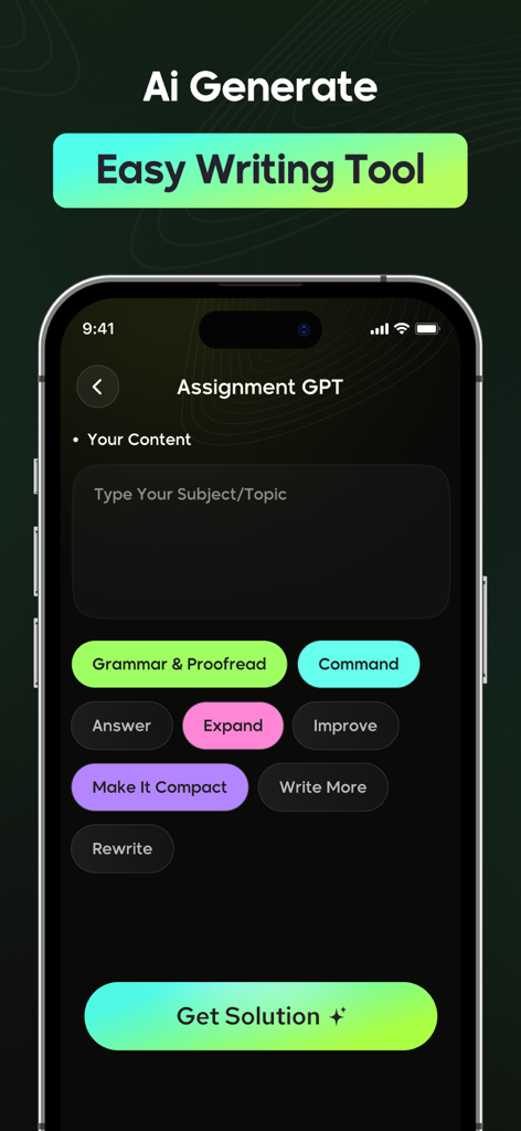 Photo Maths Solver - Math AI - The Assignment GPT interface of the Photo Maths Solver app showing options to rewrite and improve school assignments.