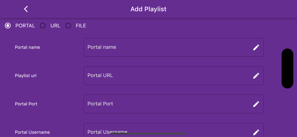 Playlist editor & IPTV Player - SageIPTV mobile app interface for adding a new portal playlist with input fields for name and URL