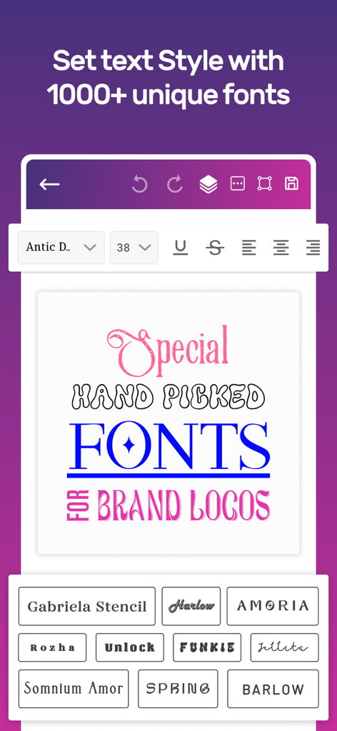 Logo Design Maker - Brand Shop - Interfaz de una aplicación creadora de logos que muestra varias opciones tipográficas únicas para logos de marca