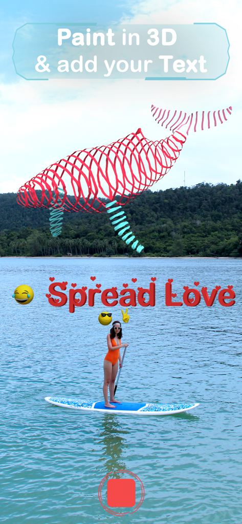 ARvid app screenshot showing 3D whale painting and Spread Love text in augmented reality over a lake with a paddleboarder