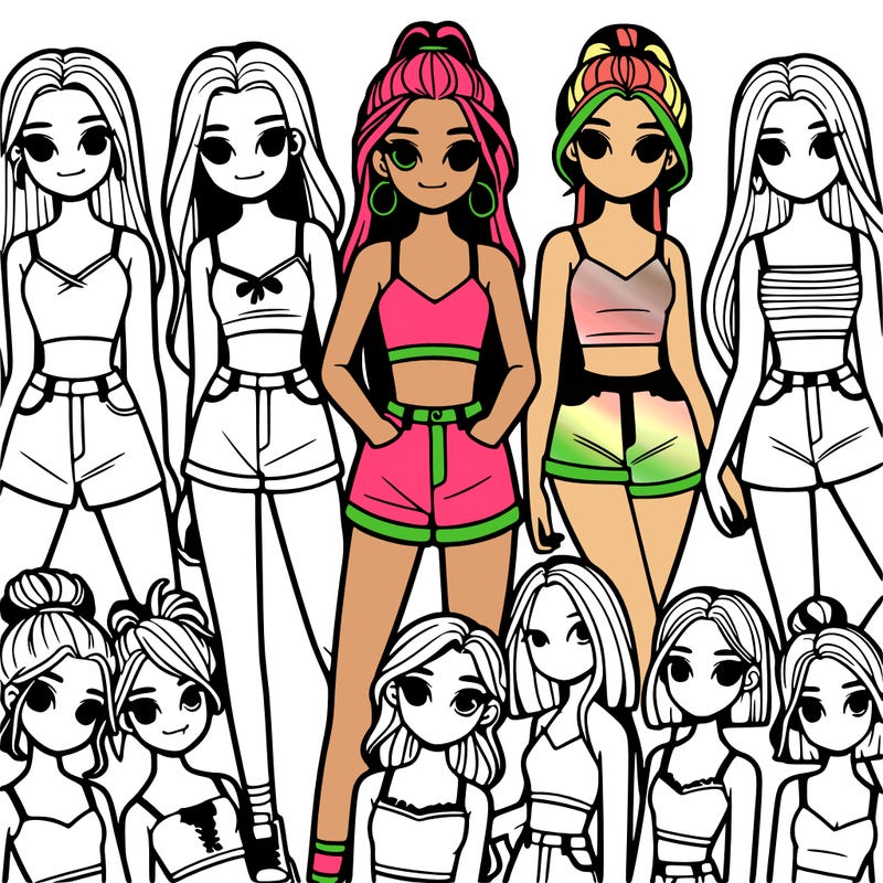 a group of girls wearing crop tops and shorts