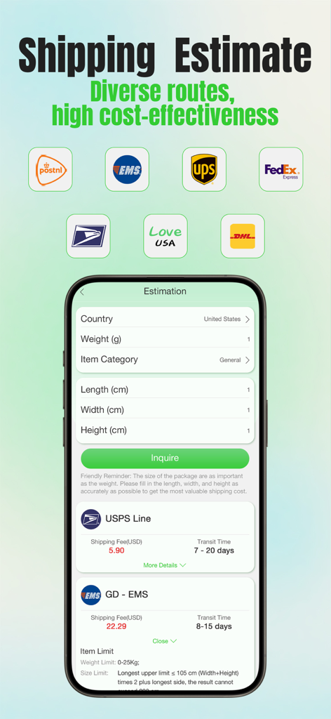 Lovegobuy app shipping estimation tool showing rates and transit times for international carriers.