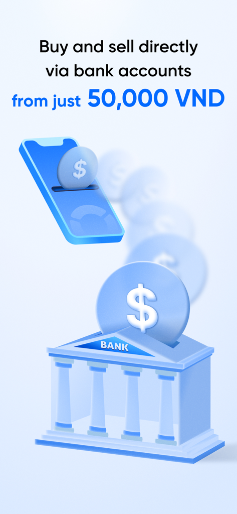 ONUS: Buy Bitcoin,ETH & Crypto - 50,000 VND부터 시작하는 ONUS 앱을 통한 은행 계좌 직접 암호화폐 거래를 보여주는 마케팅 일러스트레이션
