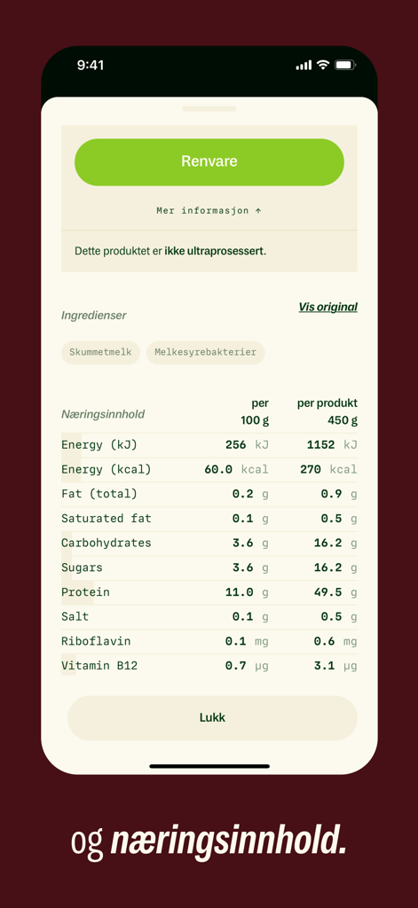 Screenshot of the Frifor app showing nutrition facts and non ultra processed food status