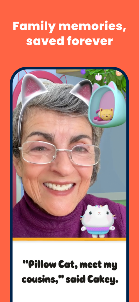 A grandmother recording an interactive story with an AR cat filter on the Zoog app.