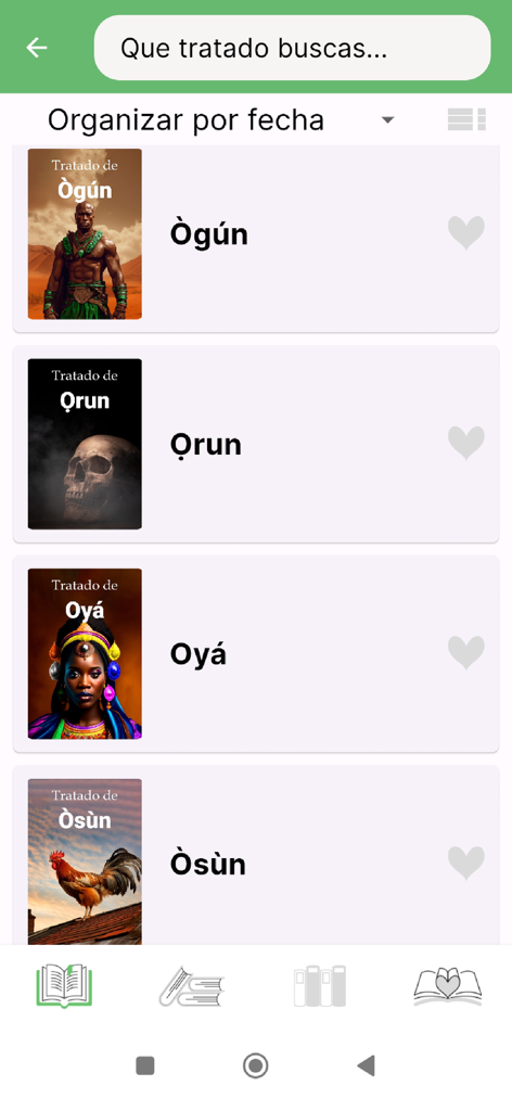 Interface da biblioteca digital do aplicativo Tratados Ifa Orisha mostrando uma lista de tratados religiosos para Ogun Orun Oya e Osun