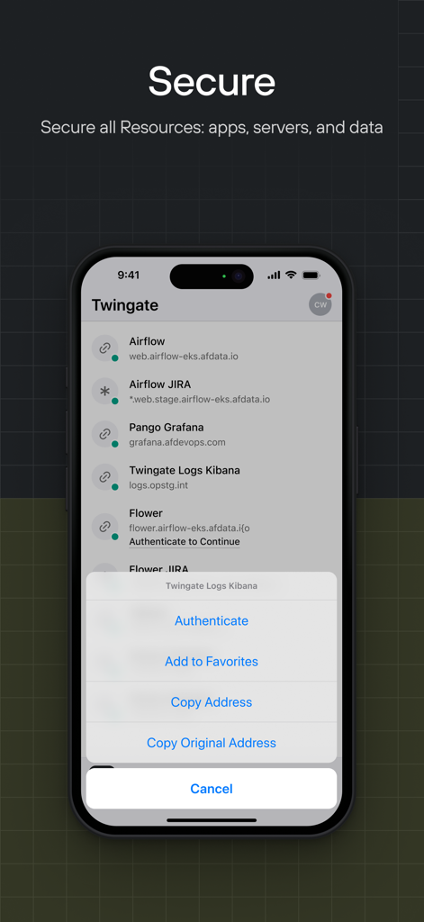 Twingate - Interface de l'application mobile Twingate affichant une liste de ressources cloud sécurisées et une invite d'authentification.