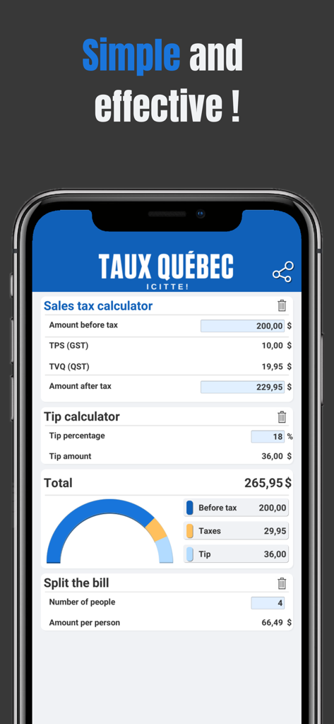 Tax Calculator Quebec GST QST - Quebec tax and tip calculator app interface showing GST QST calculation and bill splitting