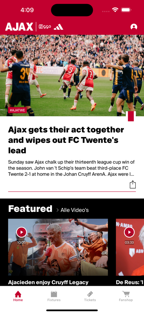 Ajax Official App - Ajax Official App home screen showing the latest match news and featured video content