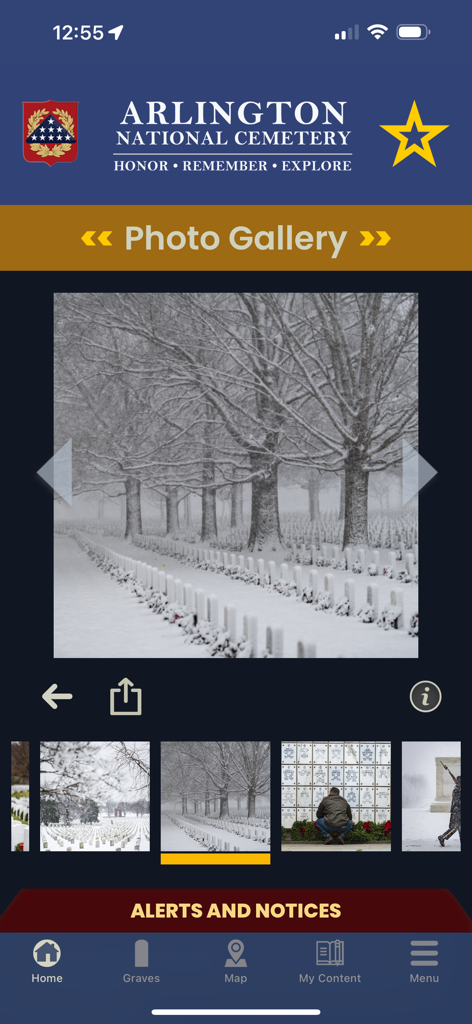 ANC Explorer - ANC Explorer app photo gallery showing a snow covered Arlington National Cemetery with rows of headstones
