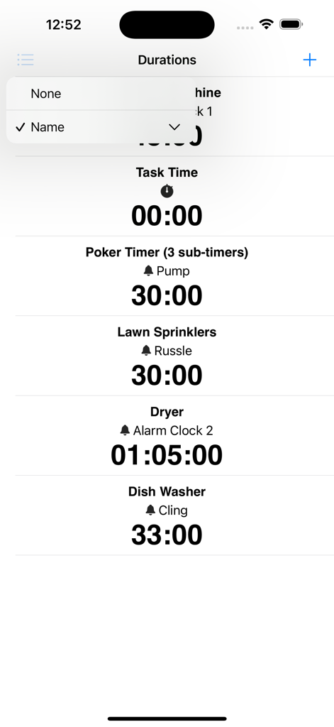 Durations 앱 인터페이스의 다양한 맞춤형 타이머 목록
