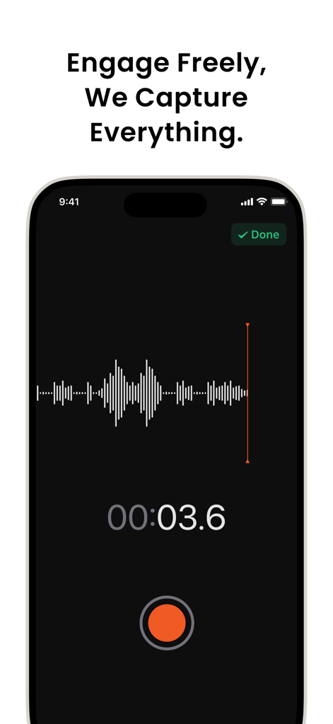 Écran d'iPhone affichant l'application VOMO enregistrant l'audio avec une forme d'onde en direct et un chronomètre d'enregistrement