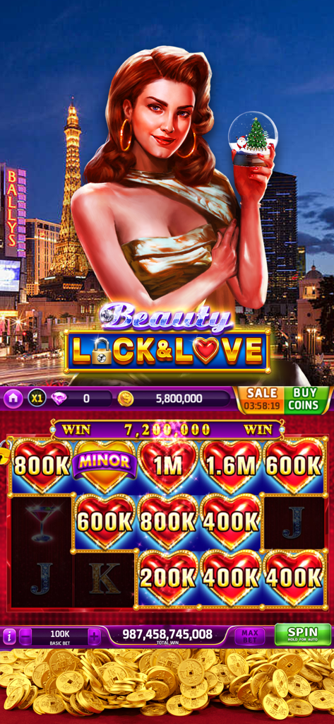 Gold Fortune Casino-Slots Game - Beauty Lock and Love themed slot machine in Gold Fortune Casino with a Las Vegas background and heart symbols